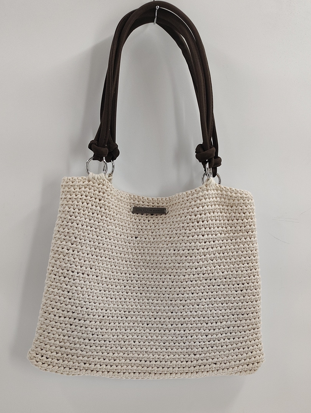 Live In The Moment Bag Crochet Ivory Brown Double Straps